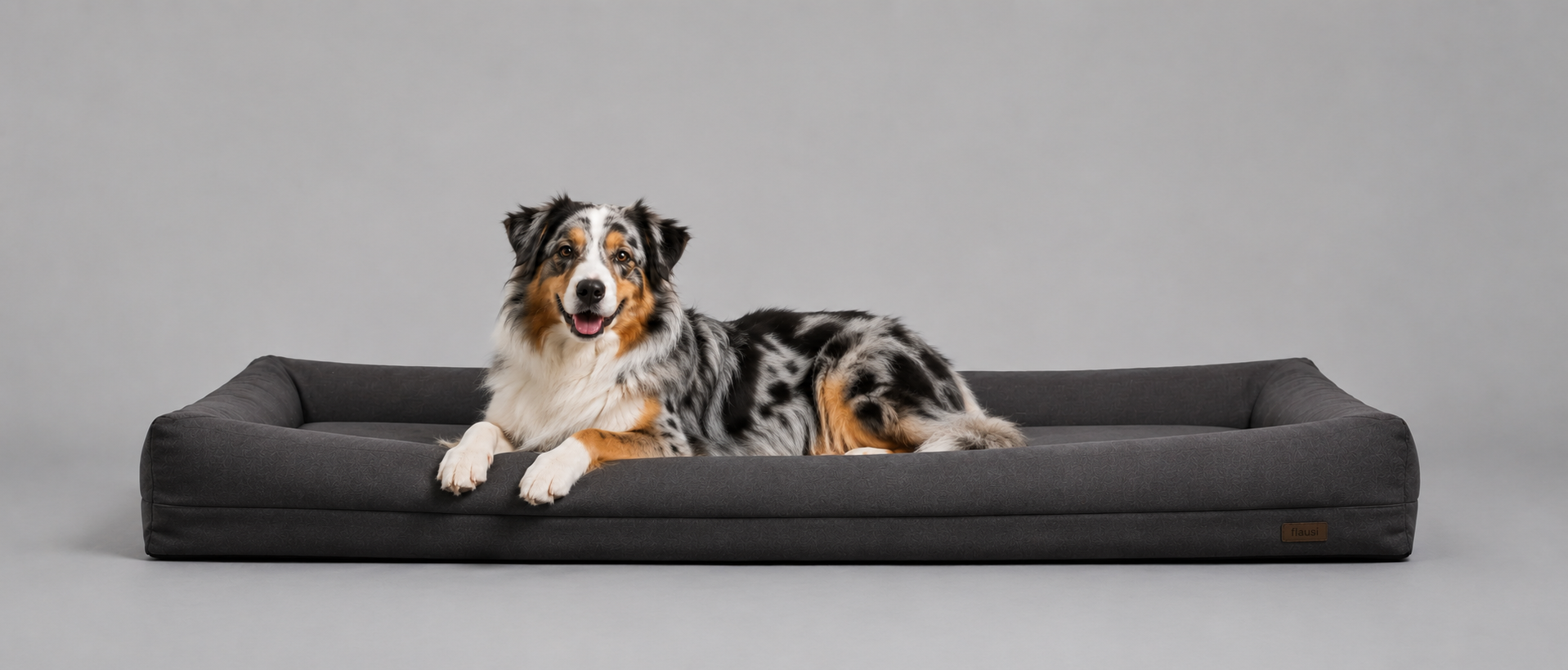Hund liegt entspannt in einem grauen Flausi Hundebett