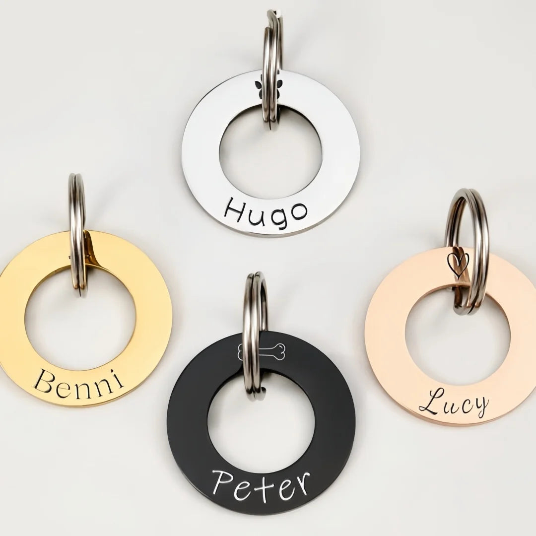 2-Sided Engraved Pet ID Tag Keychain - Custom Silent Metal Keyring for Dog Cat, Personalized Circle Name Tag, Gift for Pet Owner
