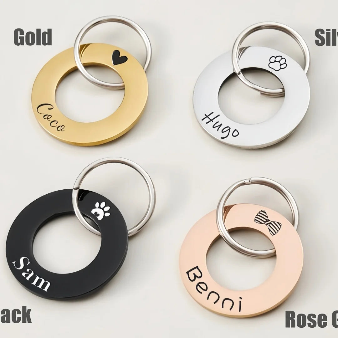 2-Sided Engraved Pet ID Tag Keychain - Custom Silent Metal Keyring for Dog Cat, Personalized Circle Name Tag, Gift for Pet Owner