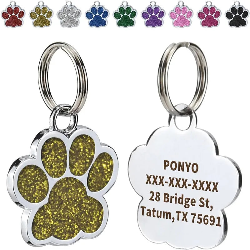 Personalized Dog Cat Plate Tags Engraved Puppy Pet ID Name Collar Tag Alloy Paw Glitter Pendant Pets Dogs Accessories