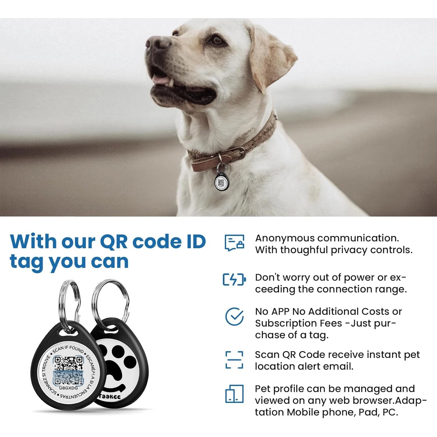 Personalized Pet Tag for Dogs, QR Code Dog Name Tags for Pet Collar, Online Profile, Scan Location Alerts Fees No Subscription