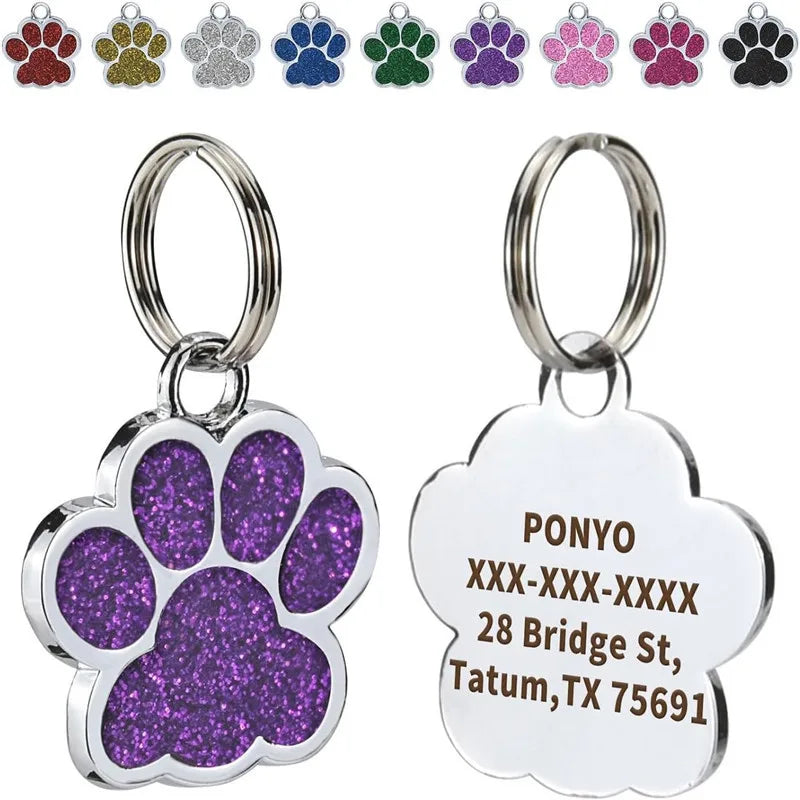 Personalized Dog Cat Plate Tags Engraved Puppy Pet ID Name Collar Tag Alloy Paw Glitter Pendant Pets Dogs Accessories