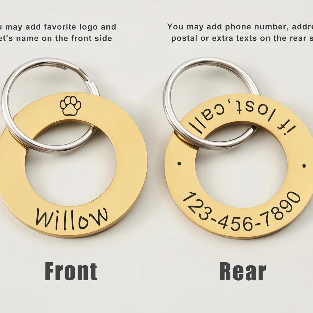 2-Sided Engraved Pet ID Tag Keychain - Custom Silent Metal Keyring for Dog Cat, Personalized Circle Name Tag, Gift for Pet Owner