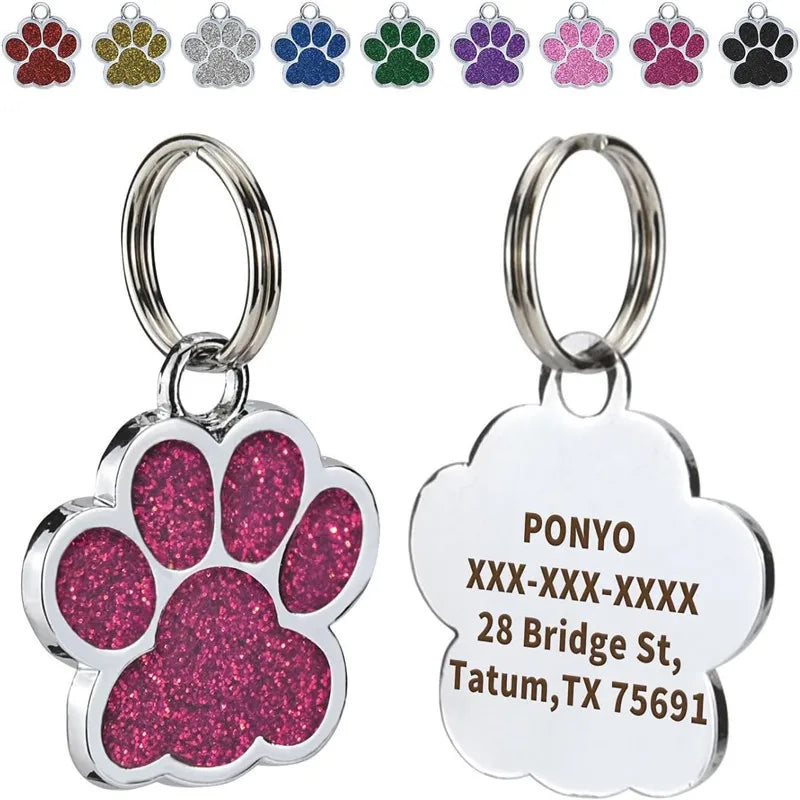 Personalized Dog Cat Plate Tags Engraved Puppy Pet ID Name Collar Tag Alloy Paw Glitter Pendant Pets Dogs Accessories