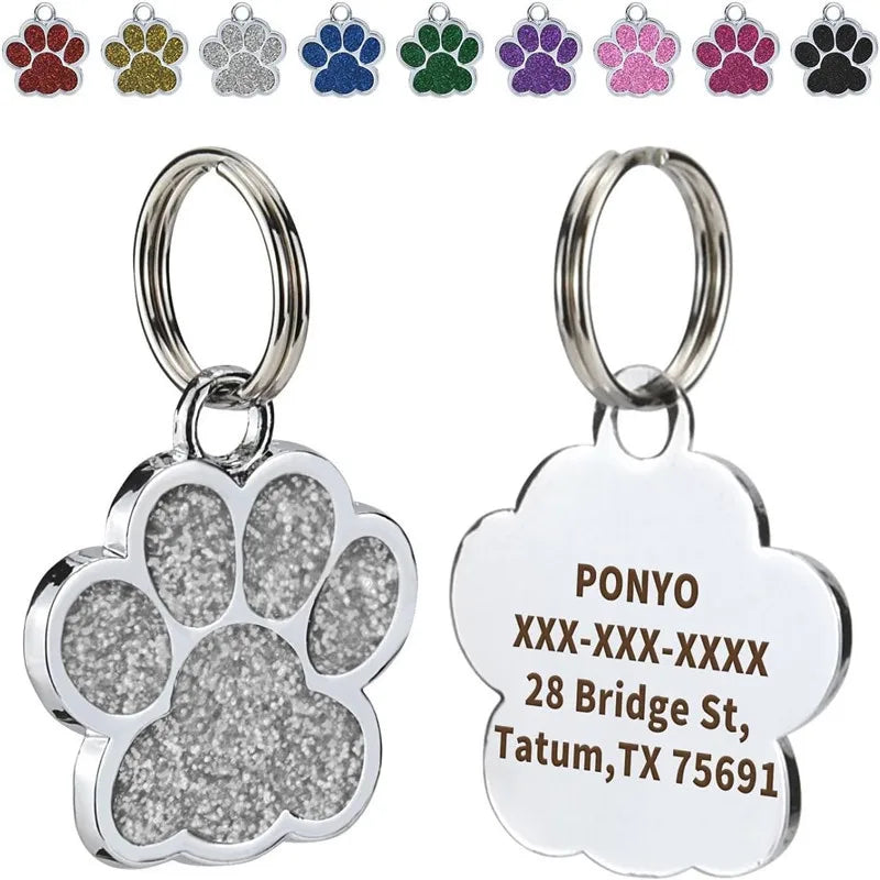 Personalized Dog Cat Plate Tags Engraved Puppy Pet ID Name Collar Tag Alloy Paw Glitter Pendant Pets Dogs Accessories