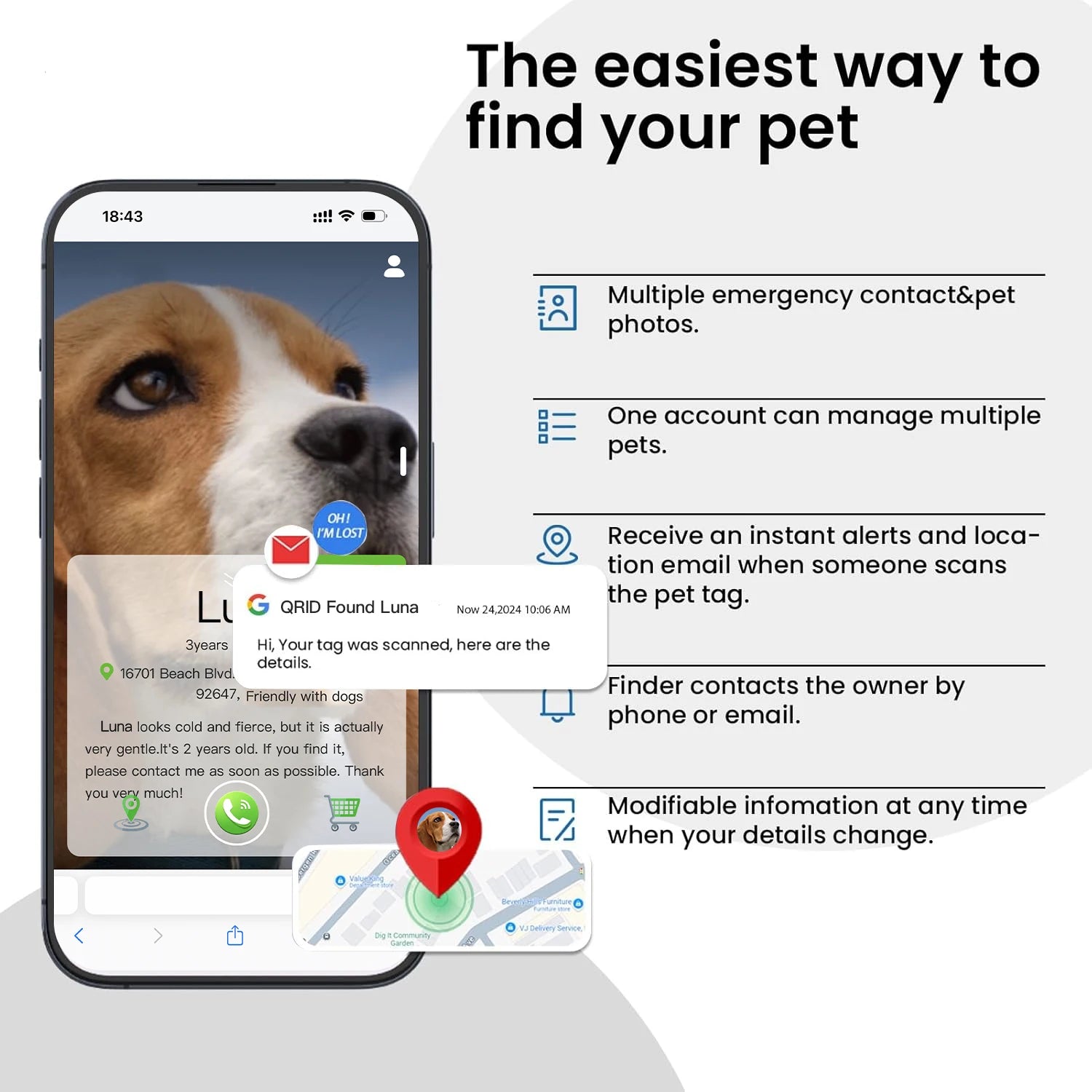 Personalized Pet Tag for Dogs, QR Code Dog Name Tags for Pet Collar, Online Profile, Scan Location Alerts Fees No Subscription