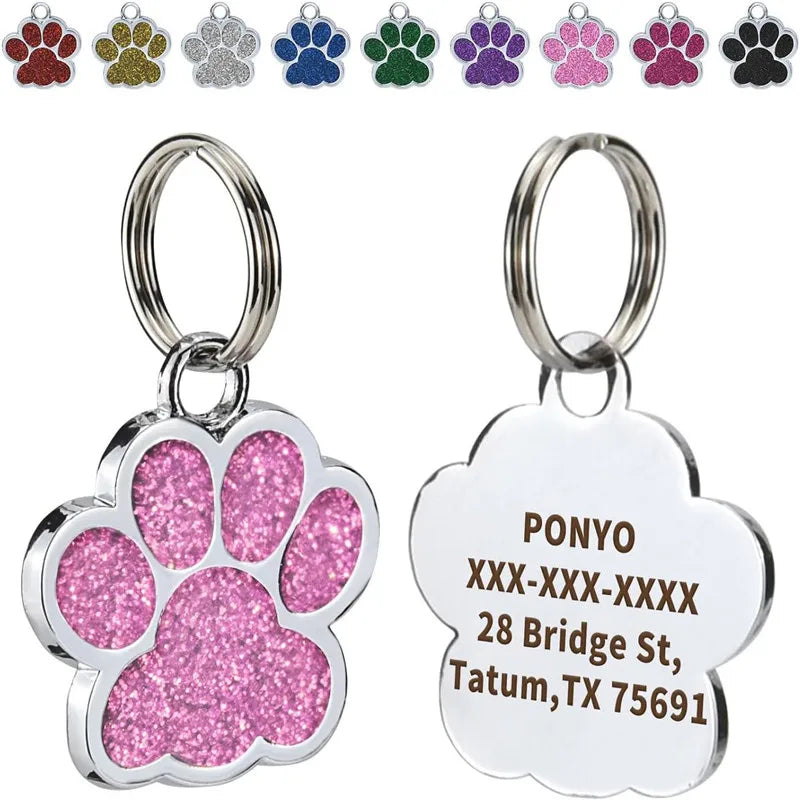 Personalized Dog Cat Plate Tags Engraved Puppy Pet ID Name Collar Tag Alloy Paw Glitter Pendant Pets Dogs Accessories