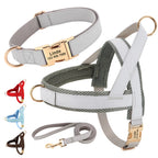 Personalized Leather Dog Collar Harness Leash Set Pet Mesh Vest Harness Customized ID Pet Leads For Small Medium Large Dogs