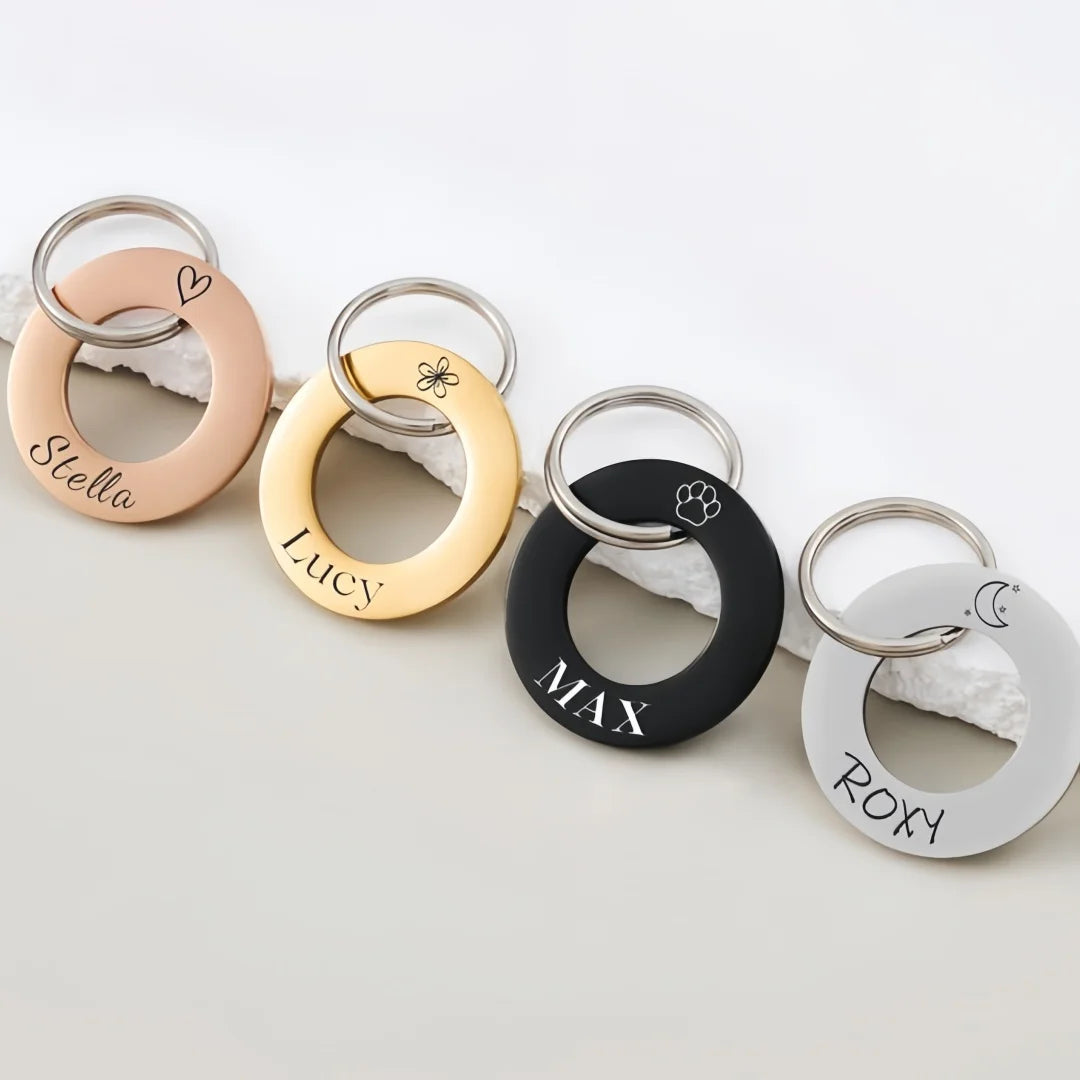 2-Sided Engraved Pet ID Tag Keychain - Custom Silent Metal Keyring for Dog Cat, Personalized Circle Name Tag, Gift for Pet Owner