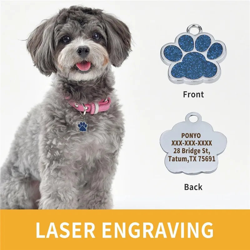Personalized Dog Cat Plate Tags Engraved Puppy Pet ID Name Collar Tag Alloy Paw Glitter Pendant Pets Dogs Accessories