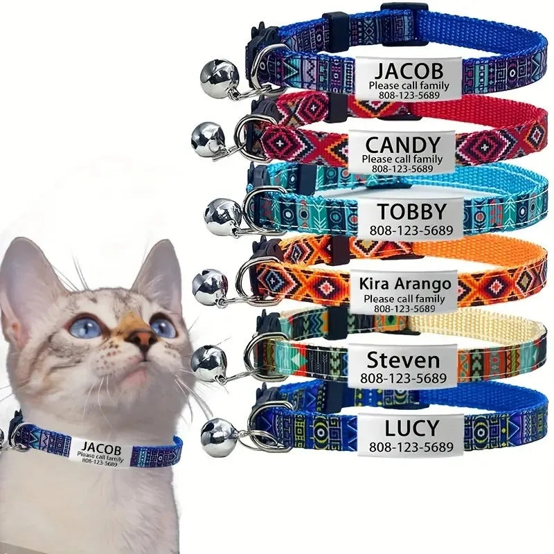 Personalized ID Tag Bohemian Cat Collar with Bell Custom Collar Safety Breakaway Adjustable Engraving Small Kitten Necklace