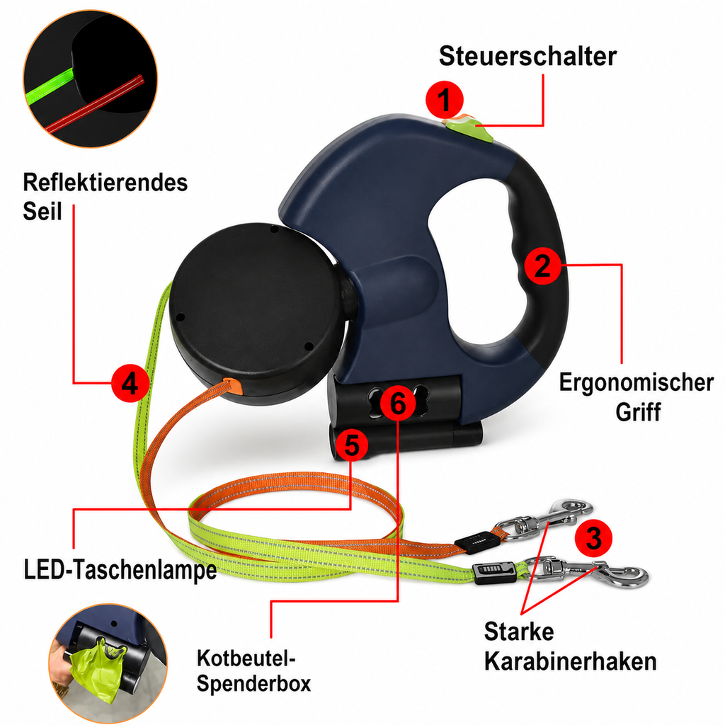 Flausi DuoWalk Reflektierende Doppel-Rollleine mit LED-Licht