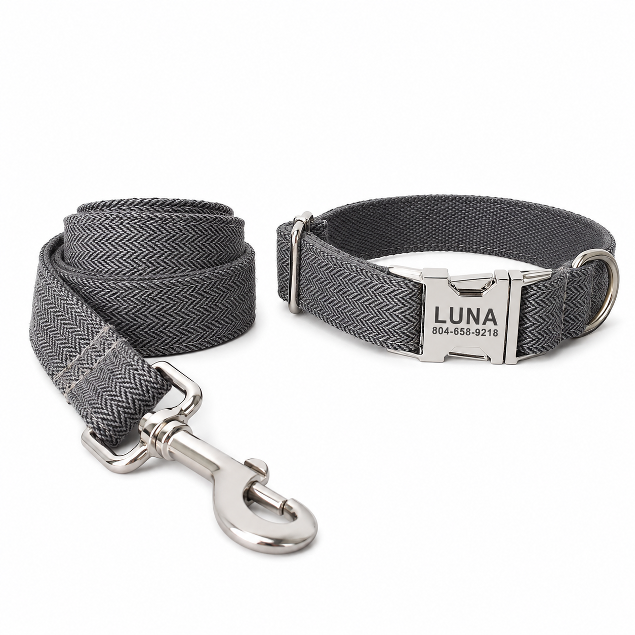 Flausi NamensBand Edles Fischgrät-Halsband mit Gravur-Schnalle