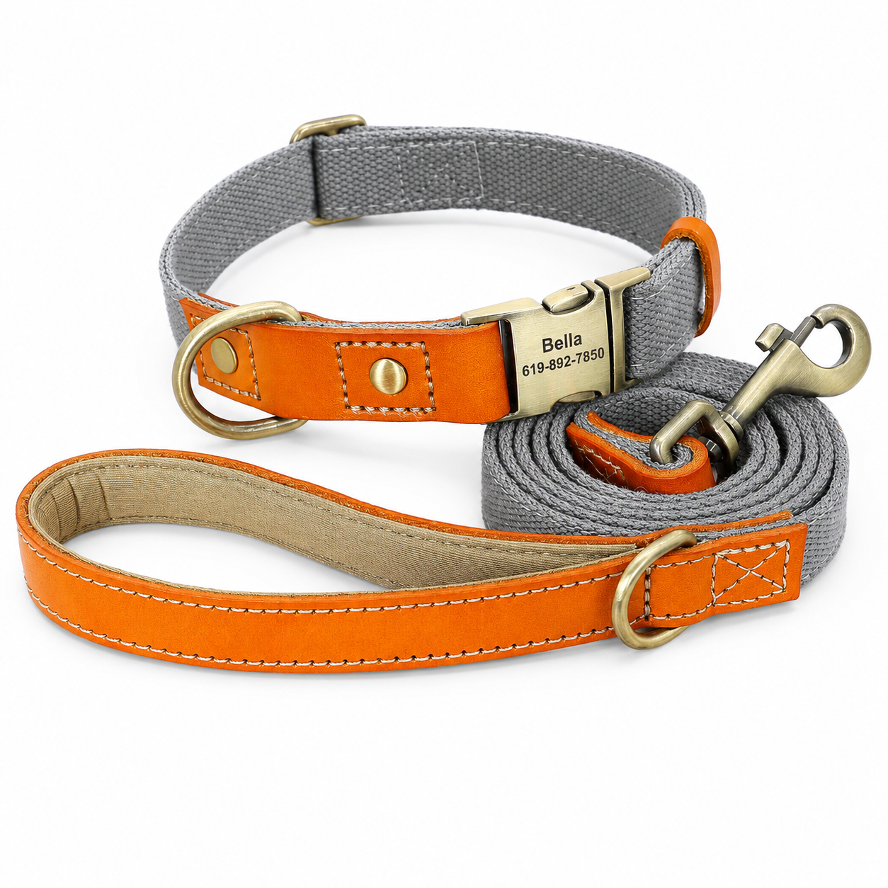 Flausi NamensBand Edles Nylon-Leder-Set mit graviertem Namensschild und Leine