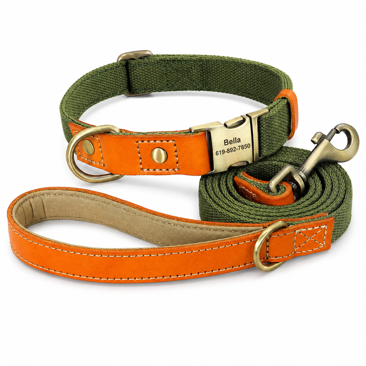 Flausi NamensBand Edles Nylon-Leder-Set mit graviertem Namensschild und Leine