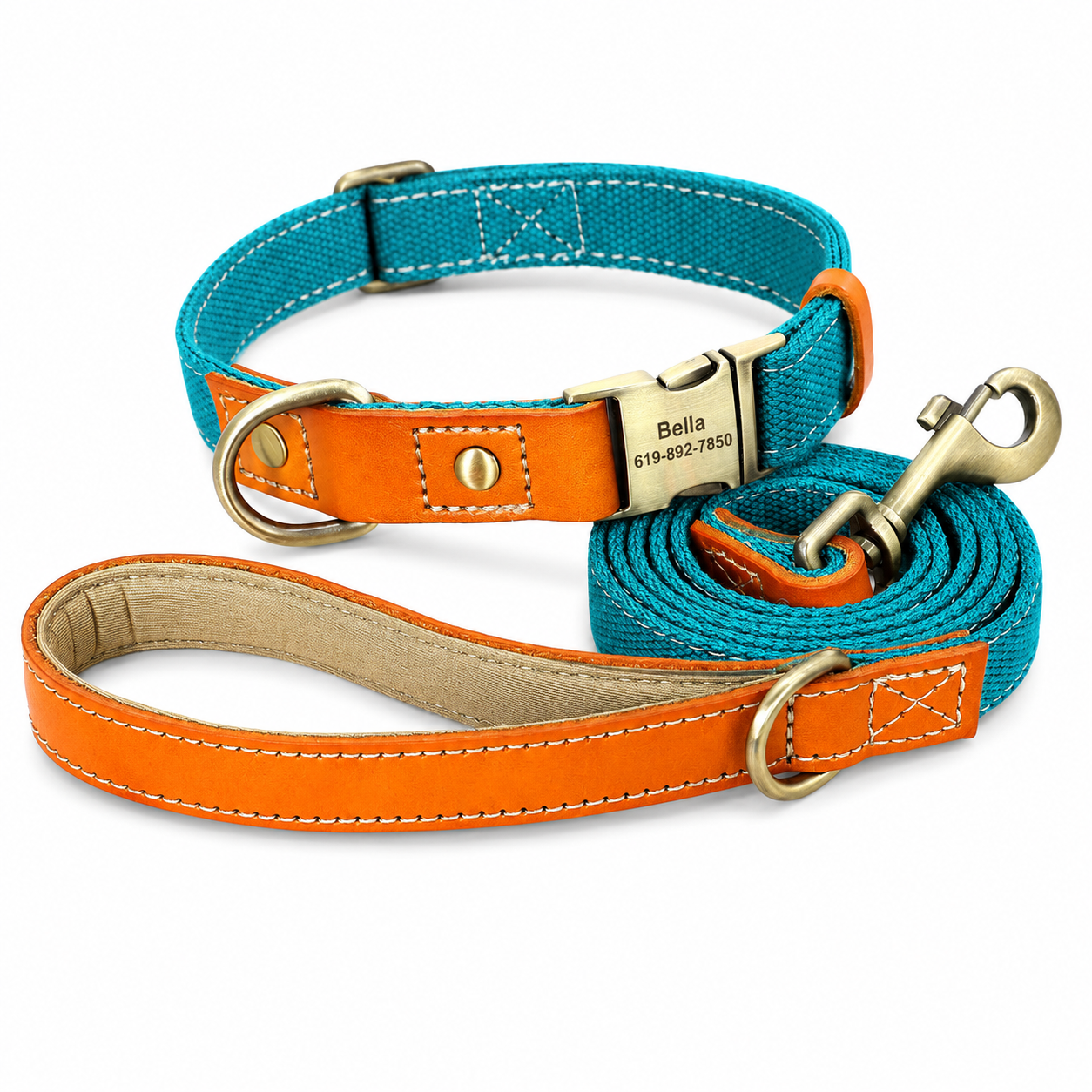 Flausi NamensBand Edles Nylon-Leder-Set mit graviertem Namensschild und Leine