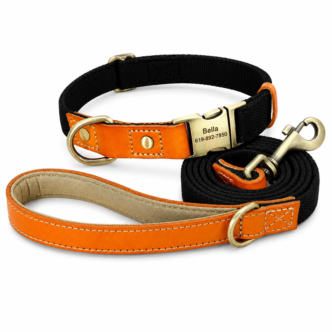 Flausi NamensBand Edles Nylon-Leder-Set mit graviertem Namensschild und Leine