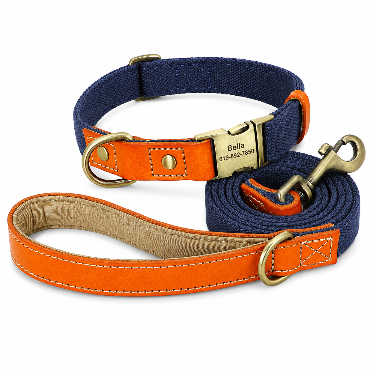 Flausi NamensBand Edles Nylon-Leder-Set mit graviertem Namensschild und Leine