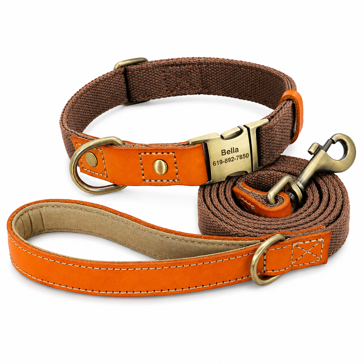 Flausi NamensBand Edles Nylon-Leder-Set mit graviertem Namensschild und Leine
