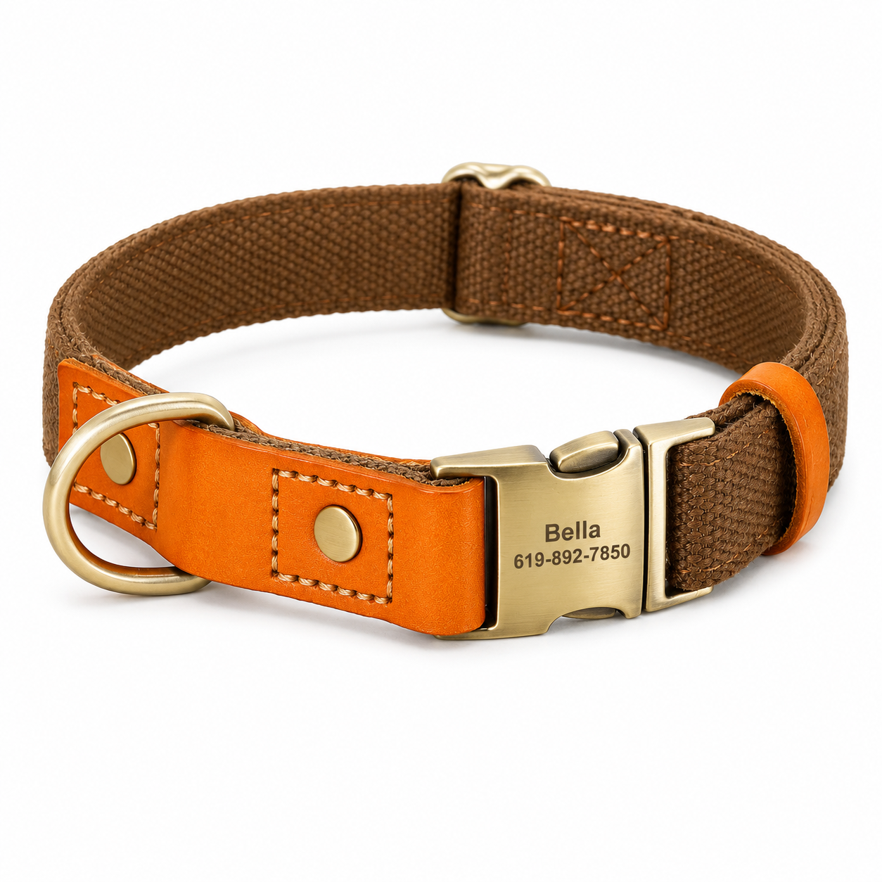 Flausi NamensBand Edles Nylon-Leder-Set mit graviertem Namensschild und Leine