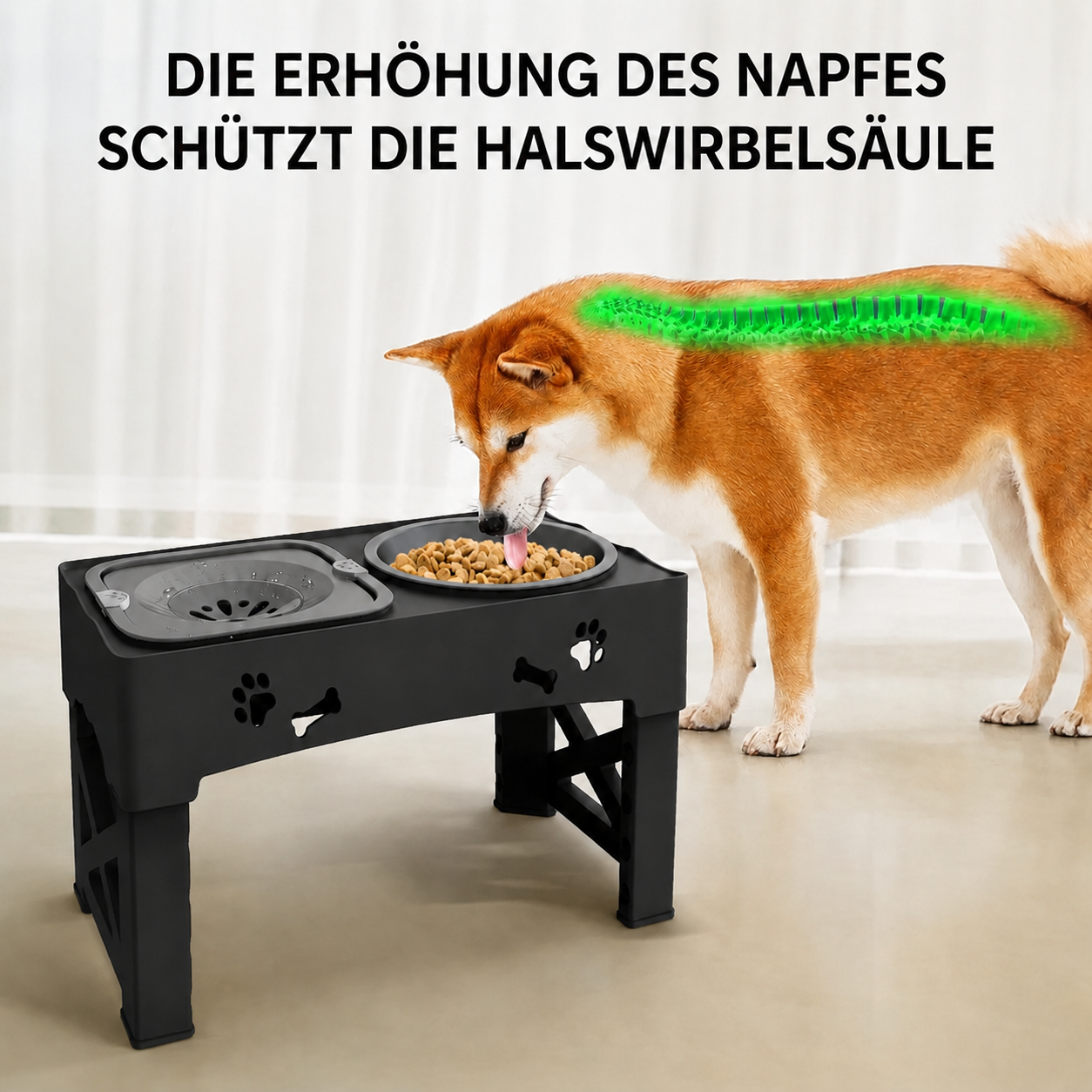 Flausi RückenFit 2-in-1 höhenverstellbarer schonender Futterplatz mit Anti-Schling Napf