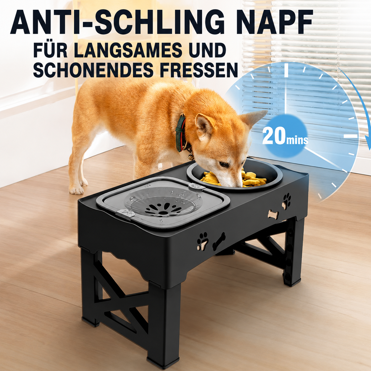 Flausi RückenFit 2-in-1 höhenverstellbarer schonender Futterplatz mit Anti-Schling Napf