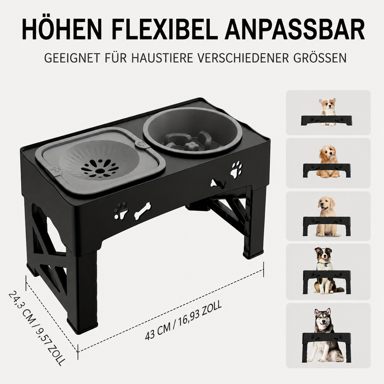 Flausi RückenFit 2-in-1 höhenverstellbarer schonender Futterplatz mit Anti-Schling Napf