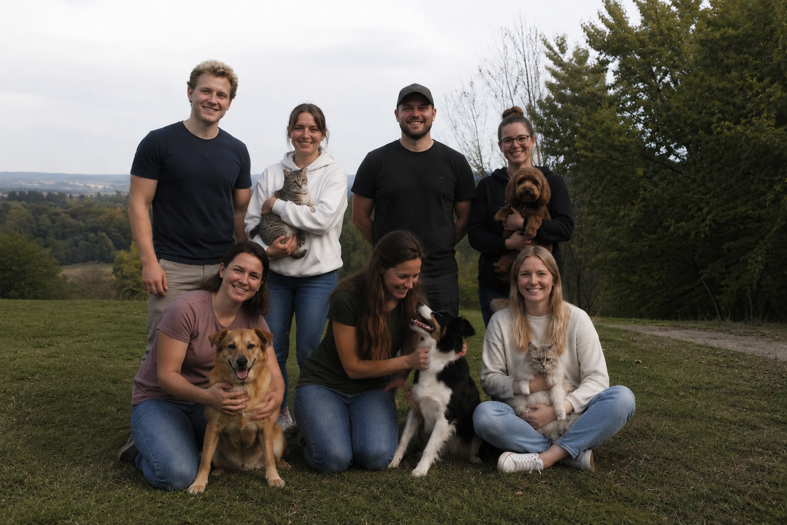 Das flausi-Team mit den eigenen Hunden und Katzen auf einer Wiese